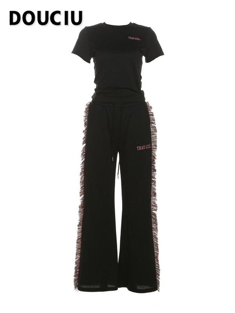 DOUCIU Women'S Letter Embroidery Fringe Trim Fleece Sweatpants Set, Casual Street Short Sleeve T-Shirt & Tie Front Trousers for Daily Wear, Ladies Summer Clothes